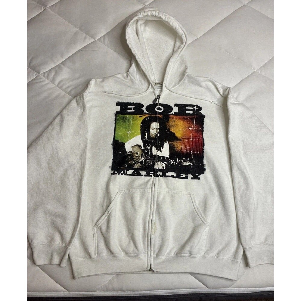 Bob Marley Men's Hoodie Sweatshirt White Full Zip Reggae XL